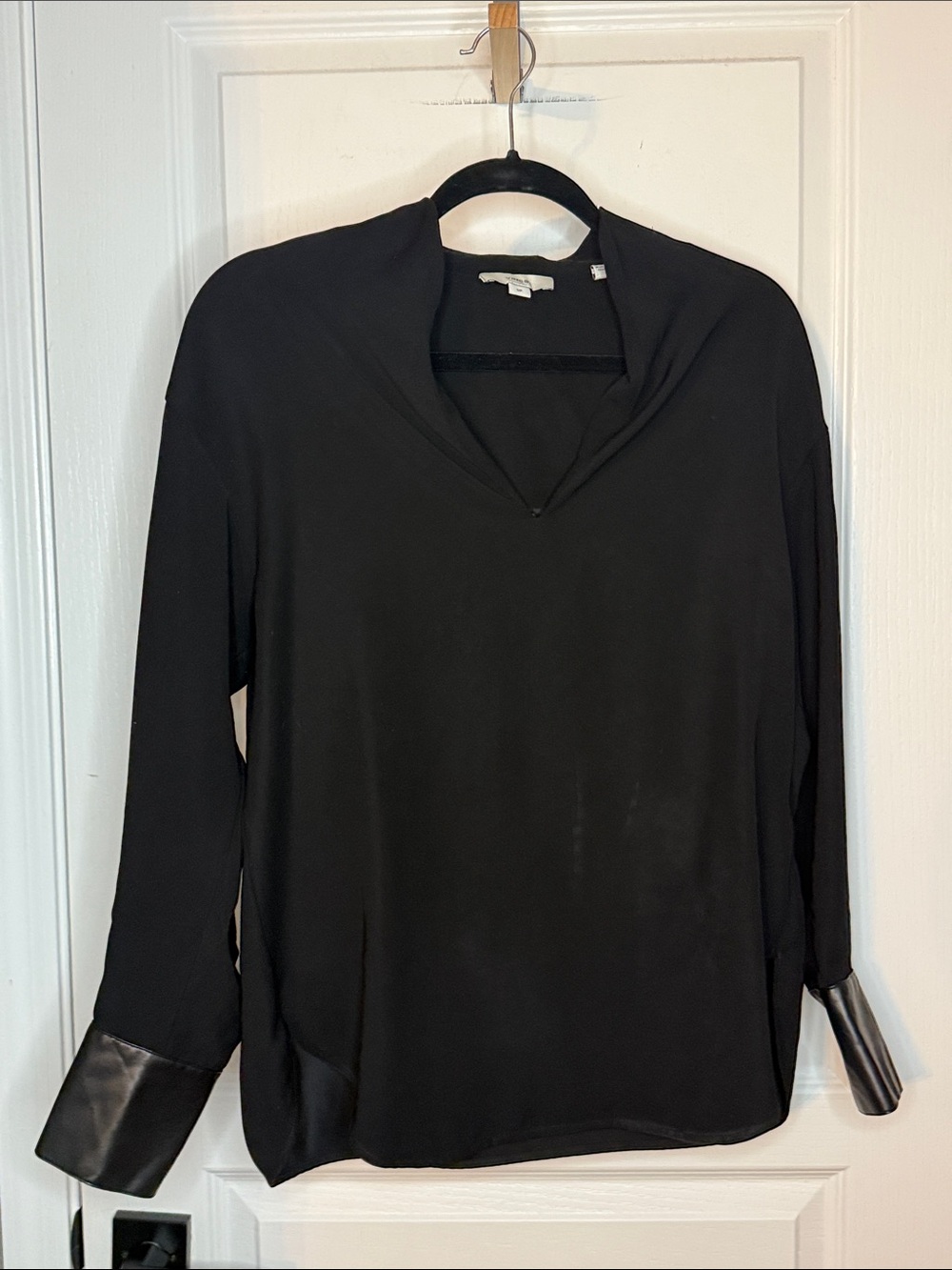 Vince Black V-Neck Long-Sleeve Blouse with Faux-Leather Cuffs